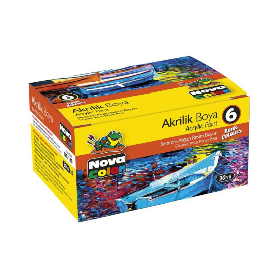 Nova Color Akrilik Boya 6 Renk (Sarı, yeşil, beyaz, siyah, mavi, kırmızı)