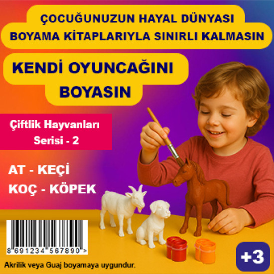 Çiftlik Hayvanları Serisi 2 - Plastik Oyuncak Boyama Seti - At, Keçi, Koç, Köpek