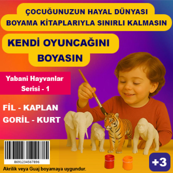 Yabani Hayvanlar Serisi 1 - Plastik Oyuncak Boyama Seti - Fil, Kaplan, Goril, Kurt